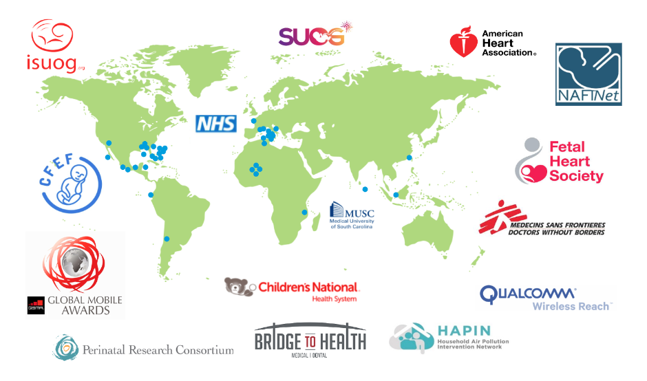 Mobile Ultrasound Impact Projects map including partnerships with ISUOG, NHS, CFEF, Doctors without Borders, Fetal Heart Society, Qqualcomm, HAPIN, NAFTNet, the American Herat Association, SUOG, Children's National, MUSC, Bridge to Health, Perinatal Researchin Consortiu,, and Children's National